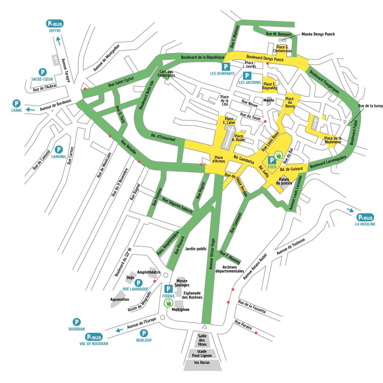 Rodez centre-ville, plan des zones de stationnement