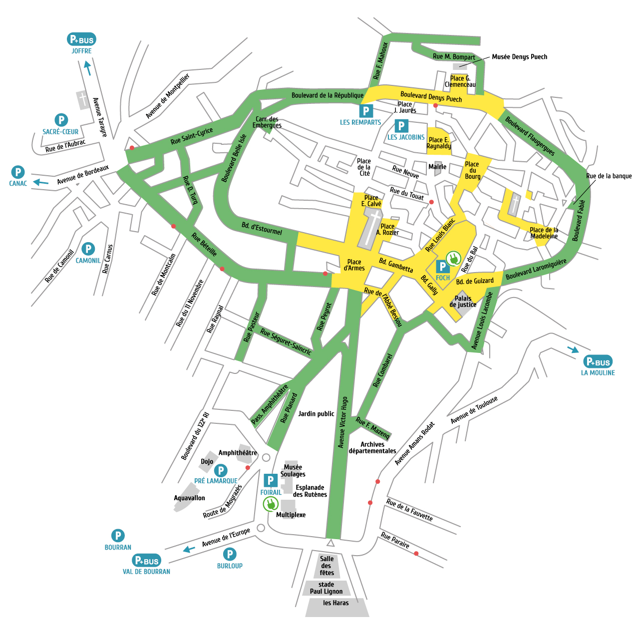 Rodez centre-ville, plan des zones de stationnement