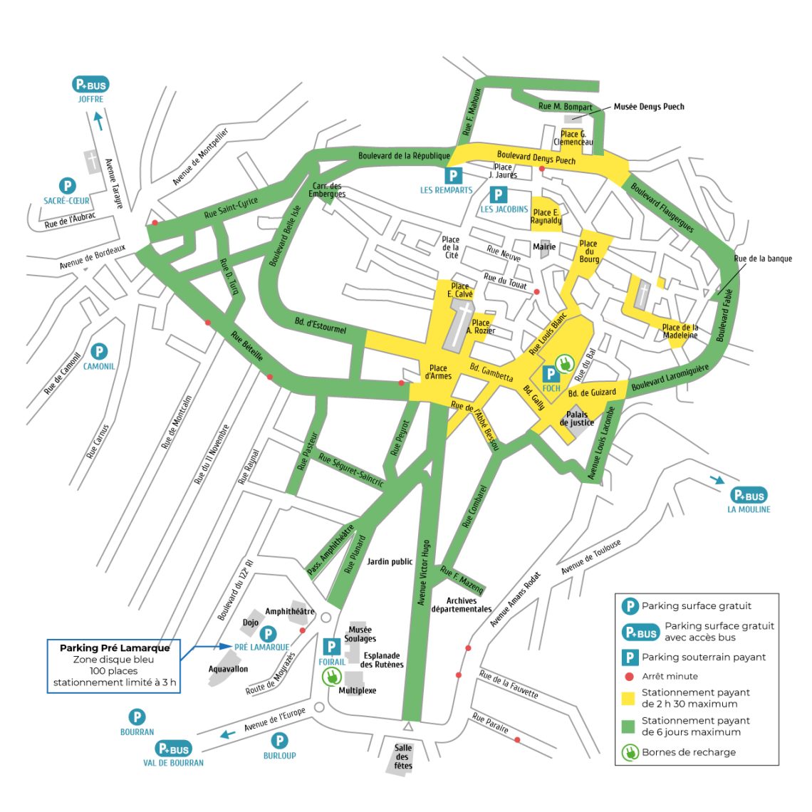 Rodez centre-ville, plan des zones de stationnement avec légende